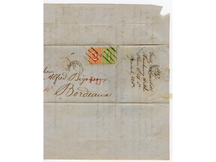 2 Sch. orangerot und 4 Sch. grün, beide farbfrisch und gut gezähnt mit blauem Strichstempel und nebengesetztem Taxis-EKr. "HA