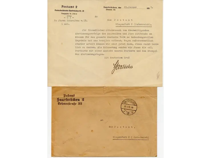 1935, Karte mit Buntfrankatur Volkshilfe und Landschaftsbilder, sauber mit Stempel “SAARBRÜCKEN 2 13.1.35”, mit dazugehörigem