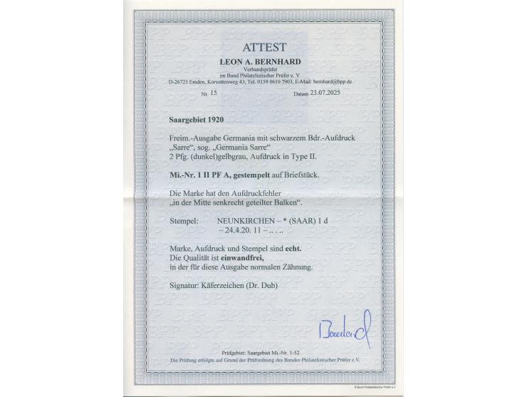 1920, Germania 2 Pfg., Aufdrucktype II, mit Aufdruckfehler "in der Mitte senkrecht geteilter Balken, sauber gestempelt auf Br