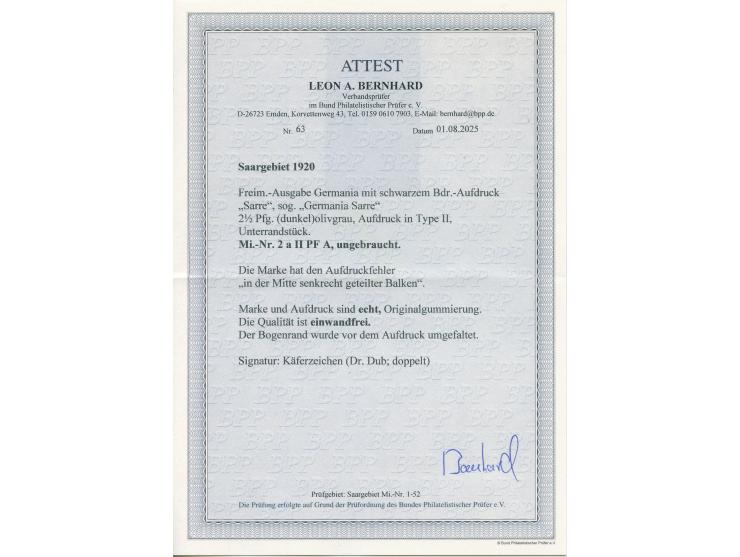 1920, Germania 2½ Pfg., Aufdrucktype II, mit Aufdruckfehler “in der Mitte senkrecht geteilter Balken”, Unterrandstück, ungebr
