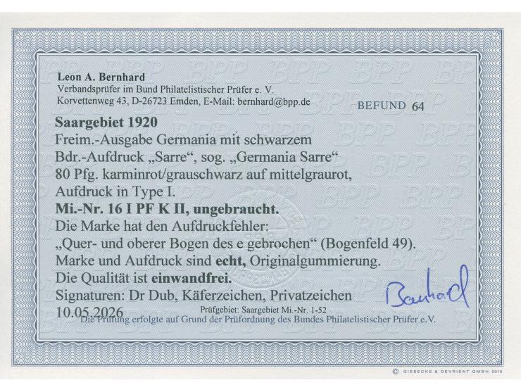 1920, Germania 80 Pfg., Aufdrucktype I, mit Aufdruckfehler "Quer- und oberer Balken des e gebrochen", ungebraucht, einwandfre