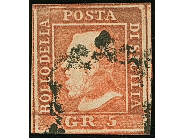 1859, 5 gr. light vermilion, Plate I, a used example of fine deep colour, good margins all round, lightly cancelled in black,
