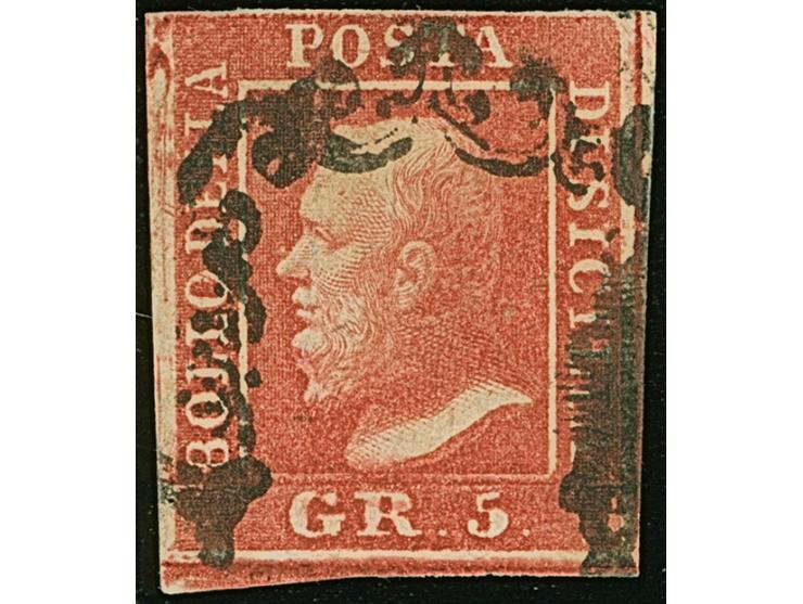1859, 5 gr. scarlet, a used example of fine deep colour, full to closed margins, clear cancelled in black, fine. A scarce sta
