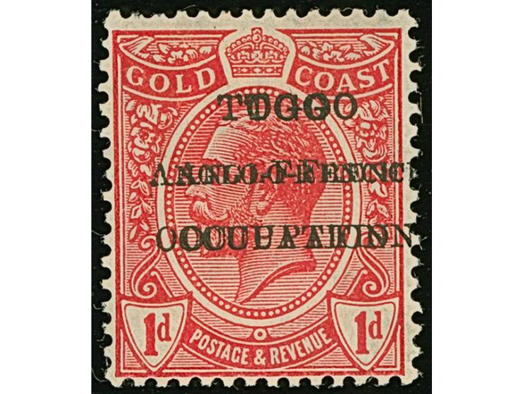 1915, Gold Coast KGV definitives 1 d. red showing variety double overprint ´TOGO / ANGLO-FRENCH / OCCUPATION´, unused, very f