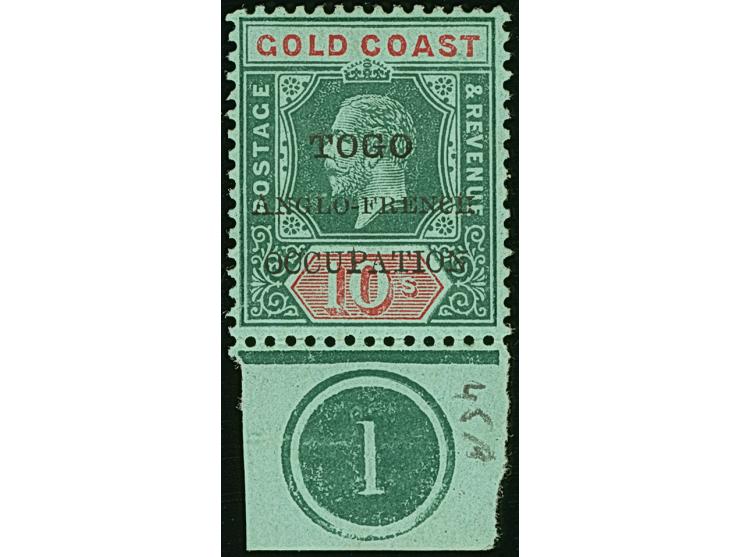 1915, Gold Coast KGV definitives 10 sh. green and red showing variety ‘small F’ in overprint ´TOGO / ANGLO-FRENCH / OCCUPATIO