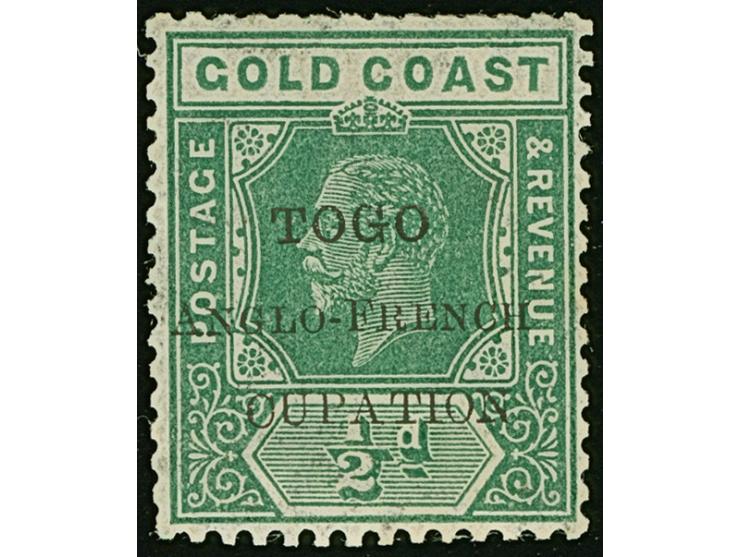 1915, Gold Coast KGV definitives ½ d. green showing variety ‘missing OC’ in overprint ´TOGO / ANGLO-FRENCH / OCCUPATION´, unu