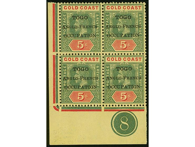 1916, Gold Coast KGV 5 s. green and red/yellow, corner margin block of four with imprint, black opt. ´TOGO / ANGLO-FRENCH / O