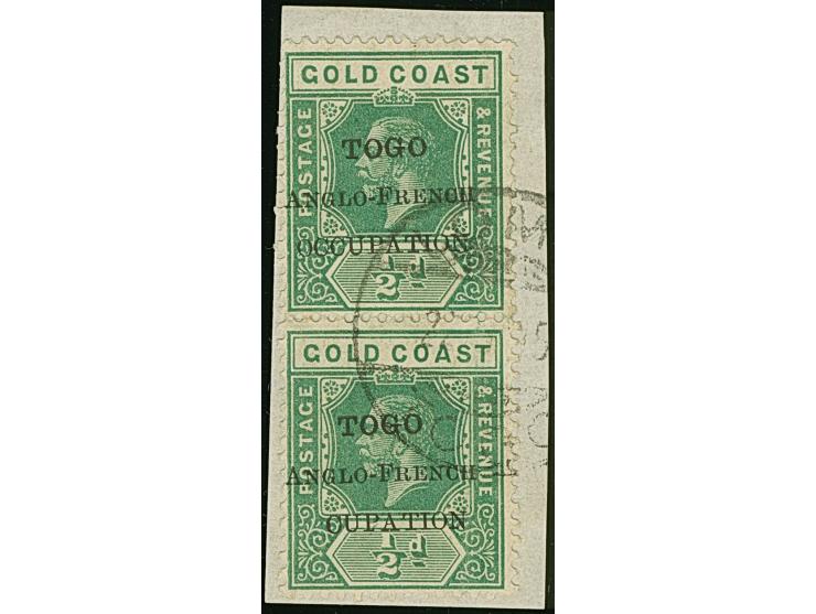 1915, Gold Coast KGV definitives ½ d. green vertical pair, bottom stamp showing variety ‘missing OC’ in overprint ´TOGO / ANG