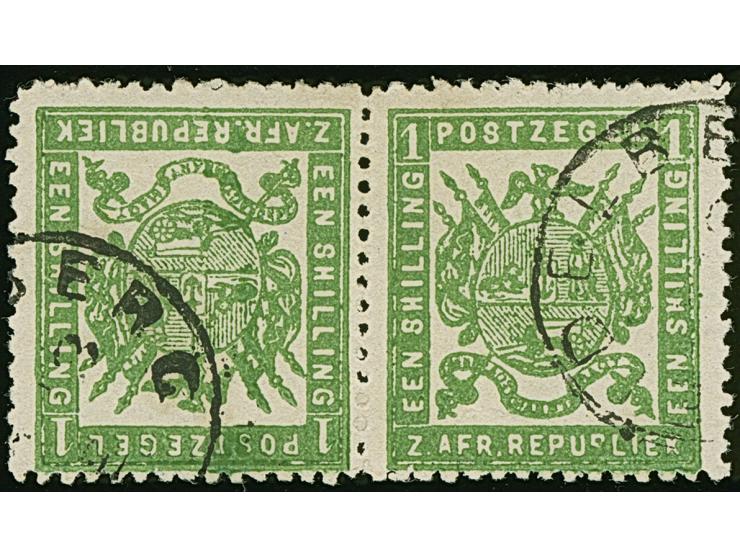 1883, Eagle with spread wings 1 s. green, re-issue, horizontal tete-beche pair, clear cancelled DELBERG, fine.