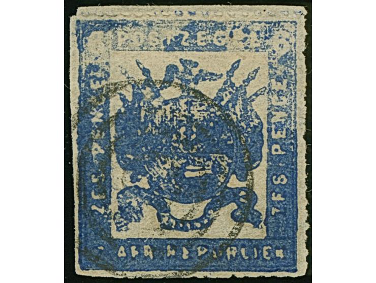 1870, Typographed by M.J. Viljoen in Pretoria 6 d. deep ultramarine, blotchy coarse impression on medium paper, rouletted 15½
