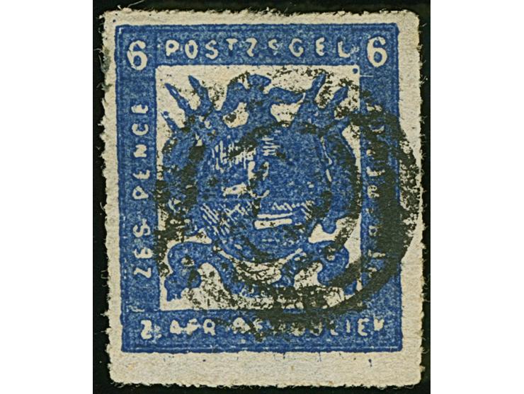 1870, Typographed by M.J. Viljoen in Pretoria 6 d. deep ultramarine, blotchy coarse impression on medium paper, rouletted 15½