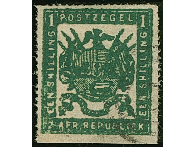 1870, Printed by M.J. Viljoen 1 s. deep green from over-inked plate, medium paper, heavy printing, fine roulette 15 1/2 to 16