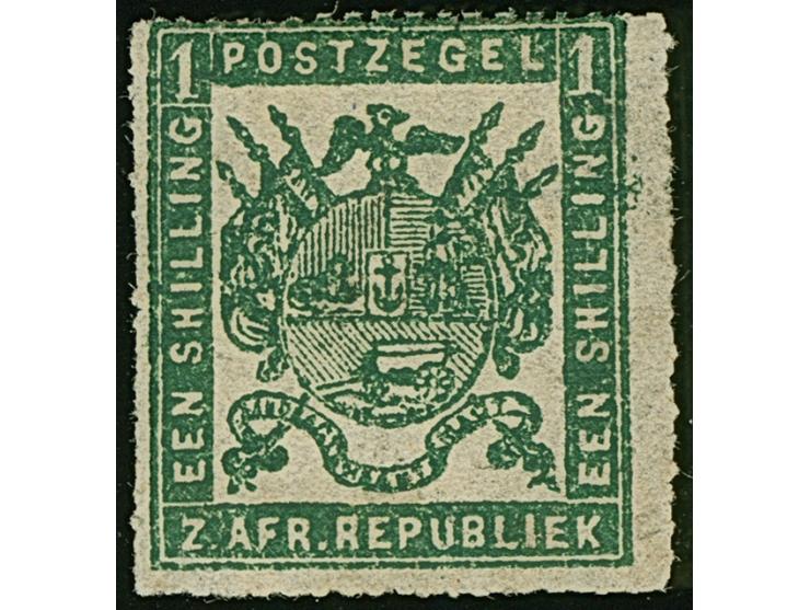 1870, Printed by M.J. Viljoen 1 s. deep green, medium paper, heavy printing, fine roulette 15 1/2 to 16, unused with large pa