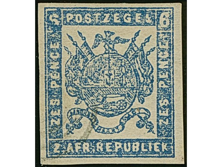 1870, Typographed by M.J. Viljoen in Pretoria 6 d. dull ultramarine, coarse impression, imperforate, light cancelled, large m