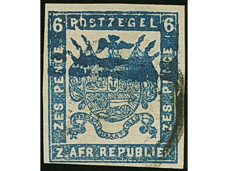 1870, Typographed by M.J. Viljoen in Pretoria 6 d. deep ultramarine, coarse impression on medium paper, imperf, clear cancell