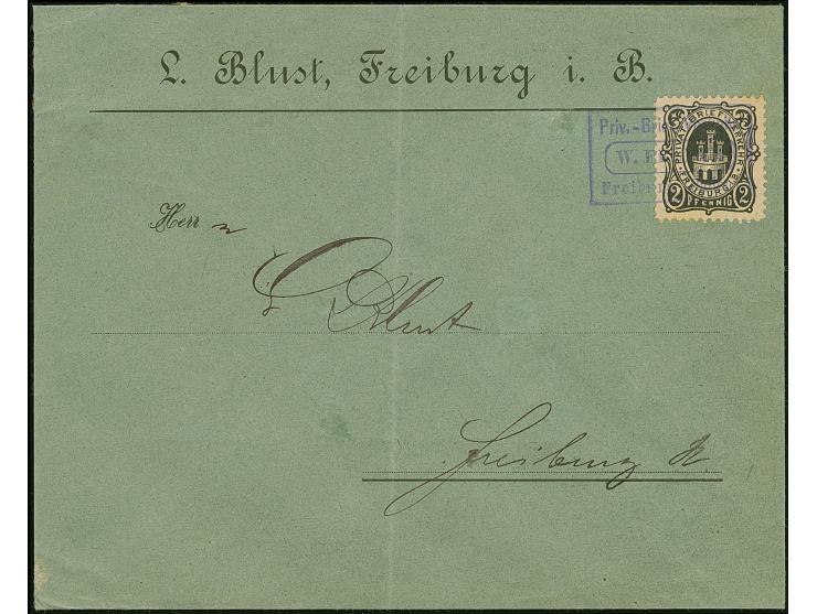 Freiburg-Privat-Brief-Verkehr: 1886, 2 Pfg. schwarz mit violettem Stempel “Priv.-Brief-Verkehr Freiburg (Baden) W. Felder” au