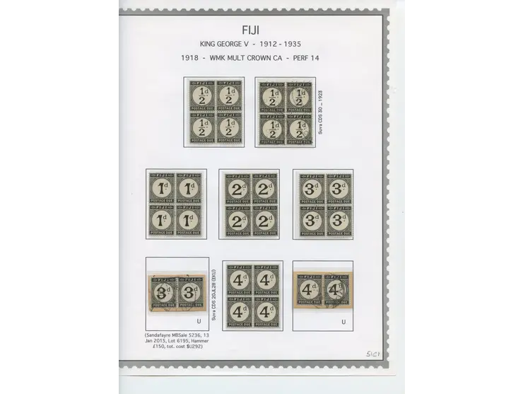 1918, Numerals on two album pages, complete set of five values in unused blocks of four, plus complete used and unused set an