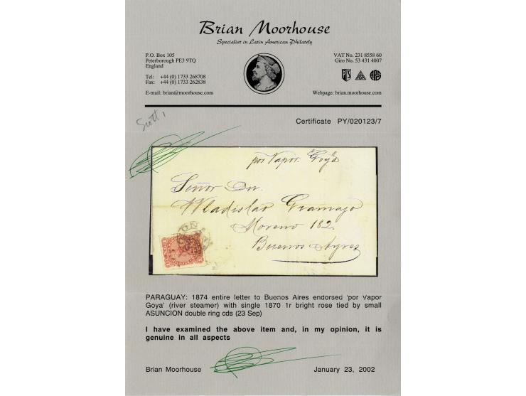 1870 (Aug), 1 real rose, a fine used example with large margins all round, tied to 1874 entire letter endorsed &lsquo;por Vap