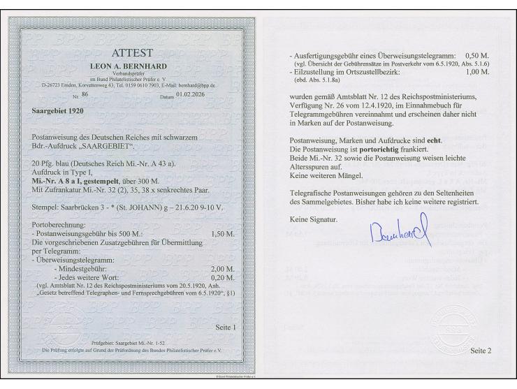 1920, 50 Pfg. im senkrechten Paar, 20 Pfg. und zwei Einzelmarken 5 Pfg. jeweils mit Stempel “Saarbrücken 3 (St. JOHANN) 21.6.