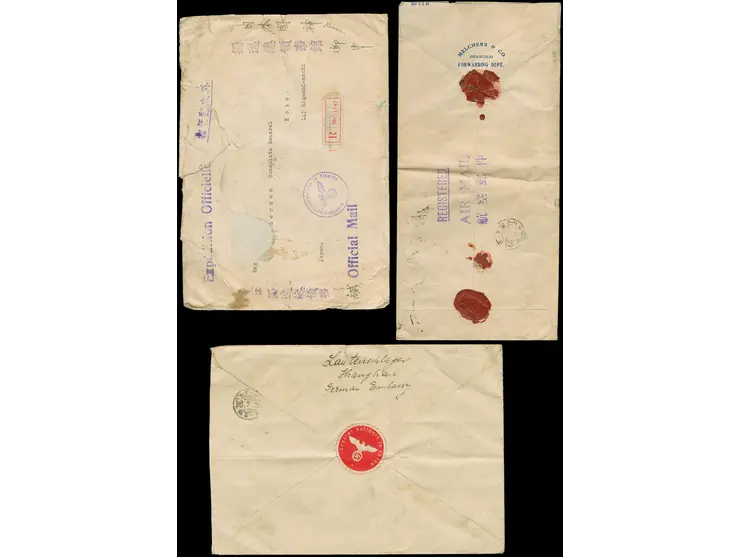 1941/43, Three registerd large format covers with high frankings from German Consulate Tientsin, German Embassy Shanghai and 