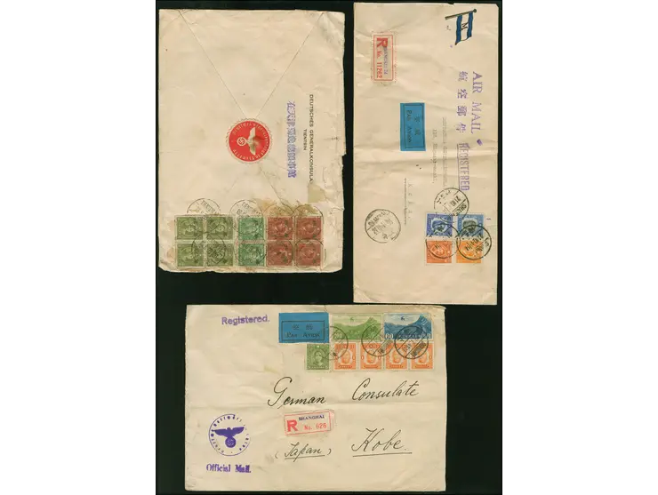 1941/43, Three registerd large format covers with high frankings from German Consulate Tientsin, German Embassy Shanghai and 