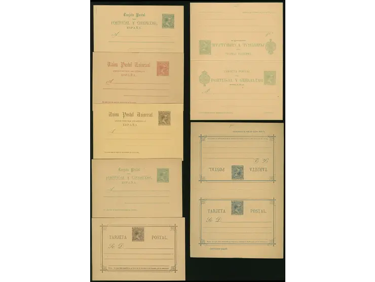 1889/92, Postal stationery cards including two answering cards, 15+15 c. blue (corner crease), 10 c. carmine part double prin