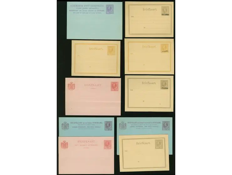 1876, 10 Postal stationery cards including 12½ c. on &nbsp;15 c. grey on yellow overprinted card, three complete answering ca