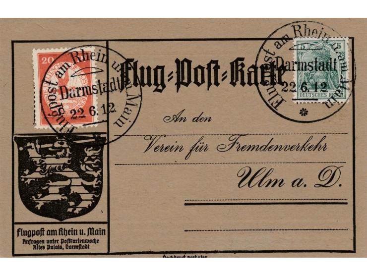 1912, Flugpost am Rhein und Main – Werbedruck Ulm – Adressaufdruck fett; Flugpostkarte mit Werbedruck „Verein für Fremdenverk
