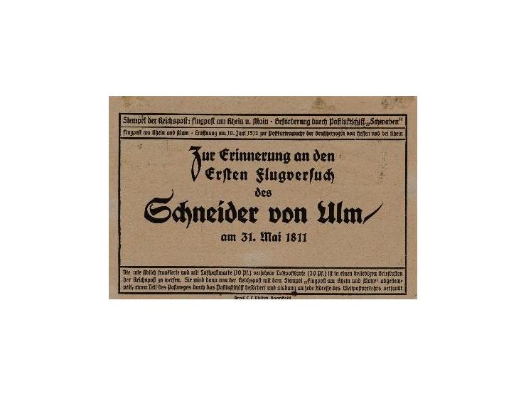 1912, Flugpost am Rhein und Main – Werbedruck Ulm – Adressaufdruck fett; Flugpostkarte mit Werbedruck „Verein für Fremdenverk