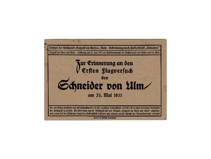 1912, Flugpost am Rhein und Main – Werbedruck Ulm – Adressaufdruck eng; Flugpostkarte mit Werbedruck „Verein für Fremdenverke