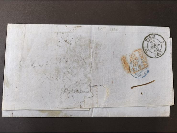 1847/59, 3 letters: 30 Nov. 1847 to Paris, rated “1/9” d., framed “LISBON” and “COLONIES/&amp;C ART.13”, Calais transit and L