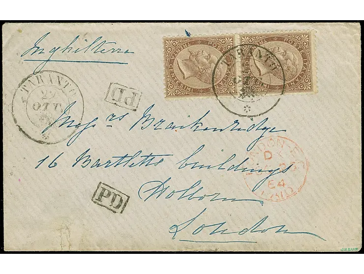 1864, Vittorio Emanuele II pair 30 c. brown on cover Taranto to London via France, paying the 60 c. single rate by the French