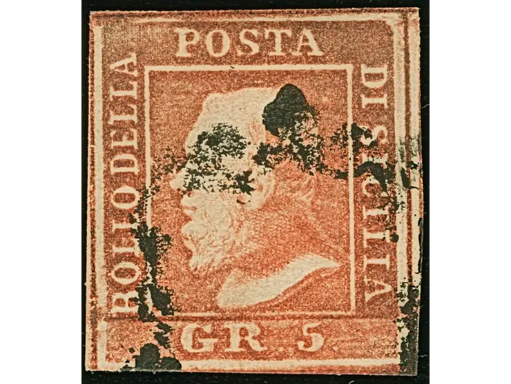 1859, 5 gr. light vermilion, Plate I, a used example of fine deep colour, good margins all round, lightly cancelled in black,