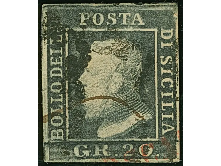 1859, 20 gr. grey-slate, a used example of fine deep colour, good margins all round, lightly cancelled in black, fine. Certif