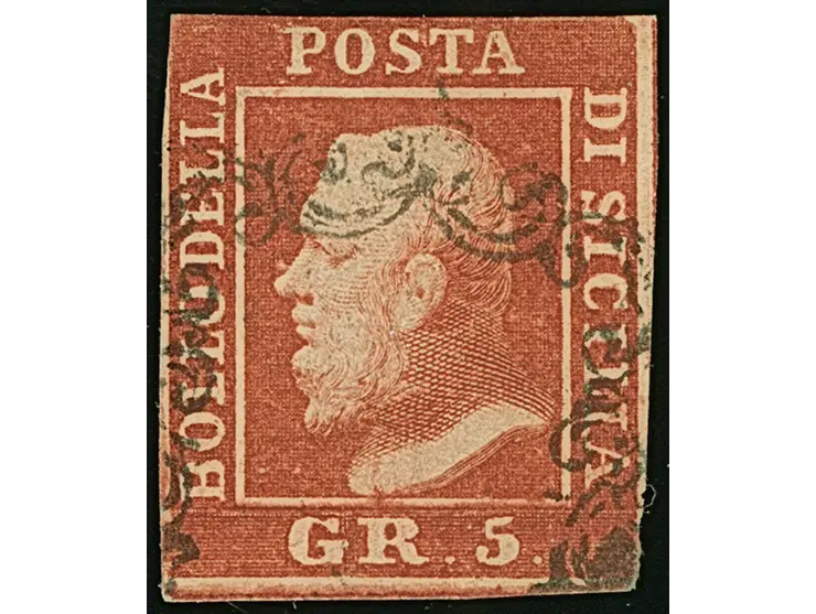 1859, 5 gr. red-brown, a used example of fine deep colour, full margins on two sides, closed at left and touched on top, ligh
