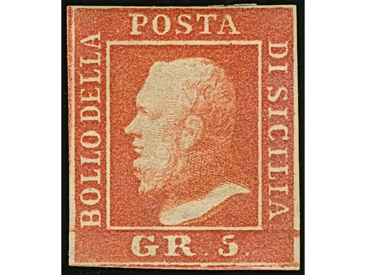 1859, 5 gr. vermilion, an unused example of fine deep colour, full margins, fine. Signed Bühler and Sorani