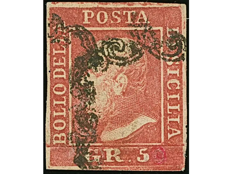 1859, 5 gr. deep carmine, a used example of fine deep colour, full margins on three sides, tiny closed at right, clear cancel