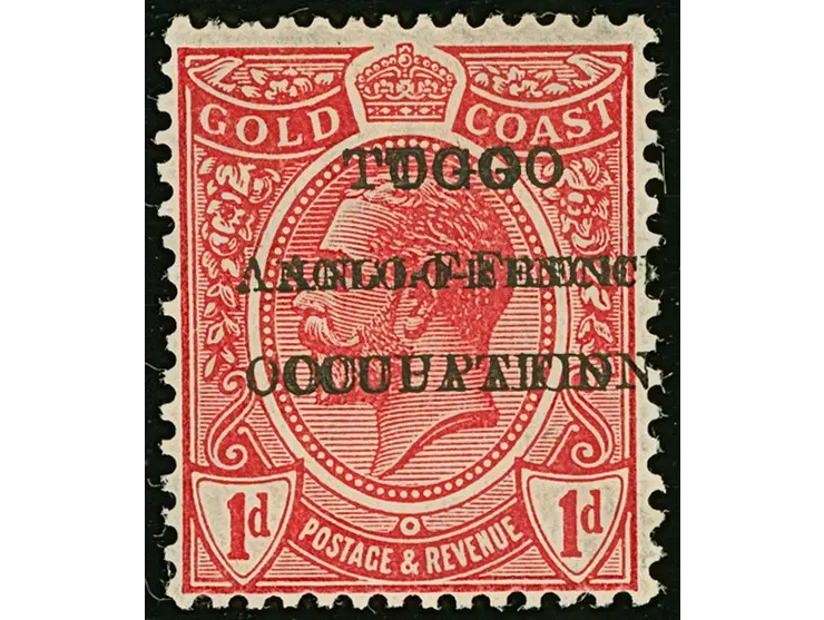 1915, Gold Coast KGV definitives 1 d. red showing variety double overprint ´TOGO / ANGLO-FRENCH / OCCUPATION´, unused, very f