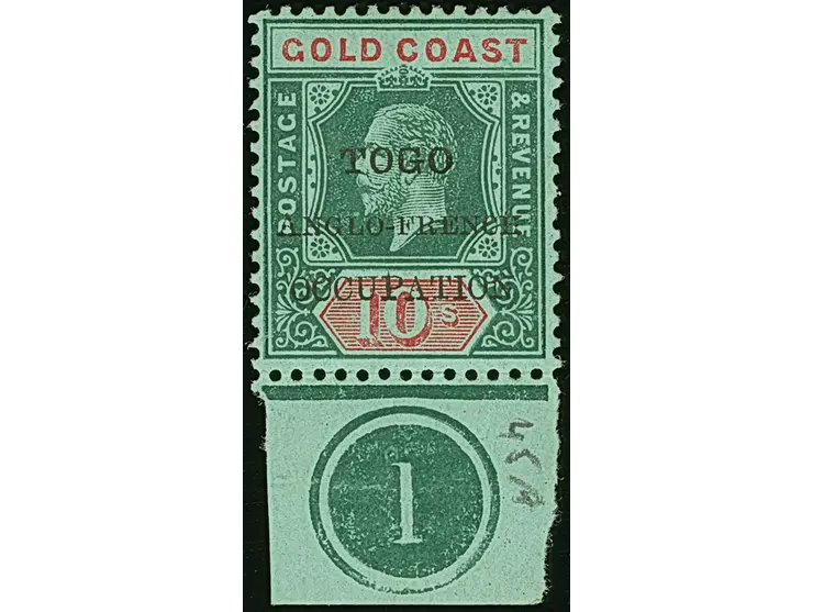 1915, Gold Coast KGV definitives 10 sh. green and red showing variety ‘small F’ in overprint ´TOGO / ANGLO-FRENCH / OCCUPATIO