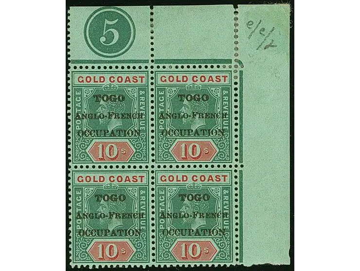 1916, Gold Coast KGV 10 sh. corner margin block of four with imprint, black opt. ´TOGO / ANGLO-FRENCH / OCCUPATION´ thick let