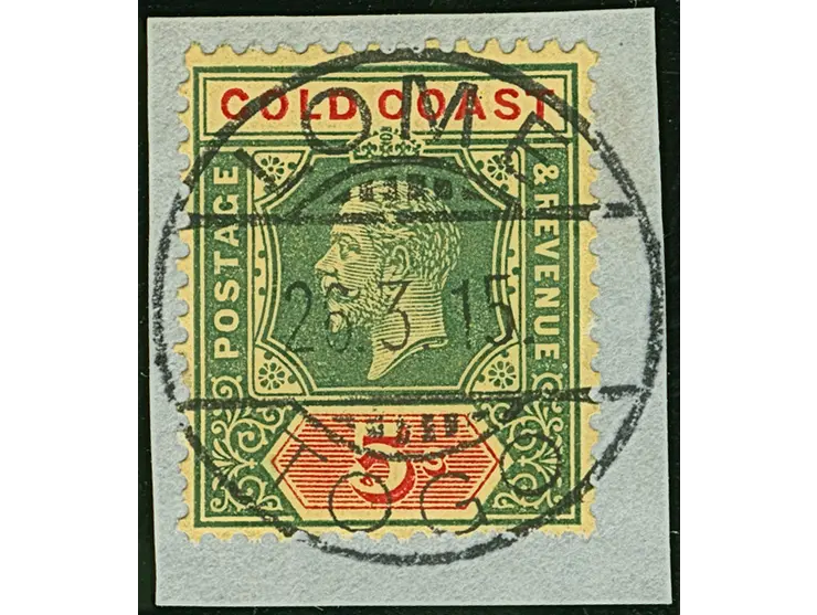 1907/13, KGV 5 s. green and red/yellow, tied to piece by LOME 26.3.15 cds., very fine (SG. £ 275+)
