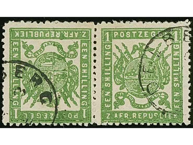 1883, Eagle with spread wings 1 s. green, re-issue, horizontal tete-beche pair, clear cancelled DELBERG, fine.