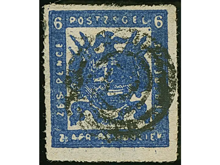 1870, Typographed by M.J. Viljoen in Pretoria 6 d. deep ultramarine, blotchy coarse impression on medium paper, rouletted 15½