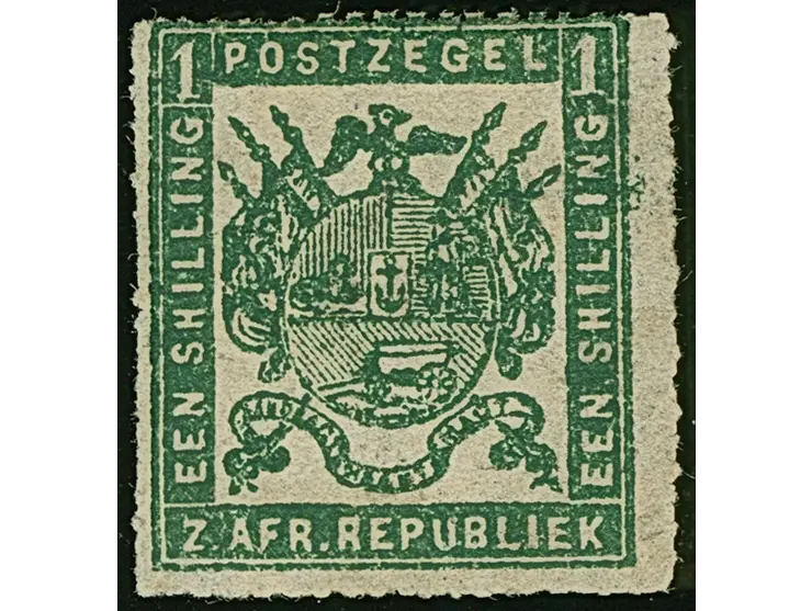 1870, Printed by M.J. Viljoen 1 s. deep green, medium paper, heavy printing, fine roulette 15 1/2 to 16, unused with large pa