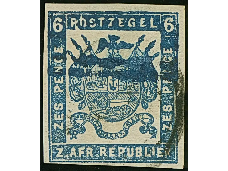 1870, Typographed by M.J. Viljoen in Pretoria 6 d. deep ultramarine, coarse impression on medium paper, imperf, clear cancell