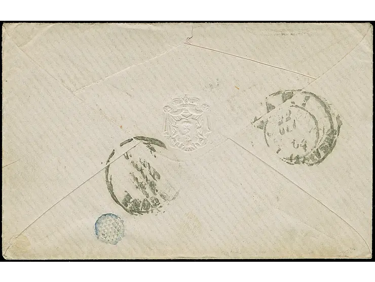 1864, Vittorio Emanuele II pair 30 c. brown on cover Taranto to London via France, paying the 60 c. single rate by the French