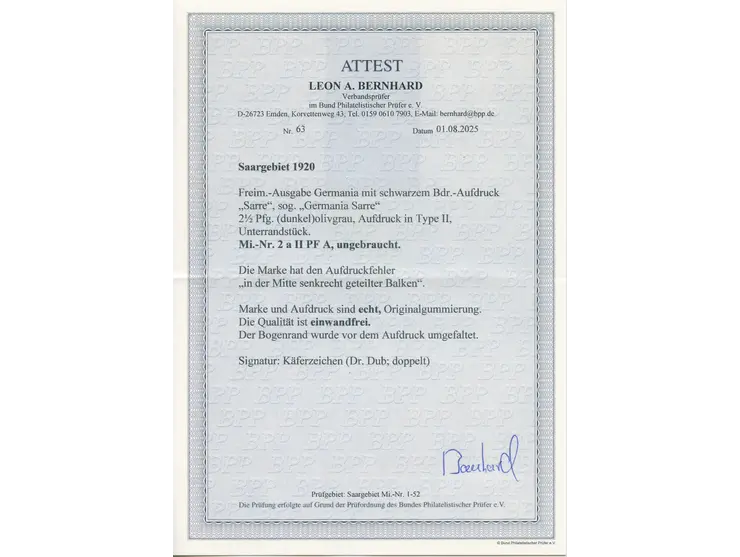 1920, Germania 2½ Pfg., Aufdrucktype II, mit Aufdruckfehler “in der Mitte senkrecht geteilter Balken”, Unterrandstück, ungebr