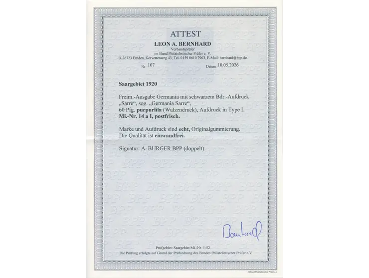 1920, Germania 60 Pfg. purpurlila, postfrisch, tadellos, sign. A. Burger BPP sowie Fotoattest Bernhard BPP (2026)