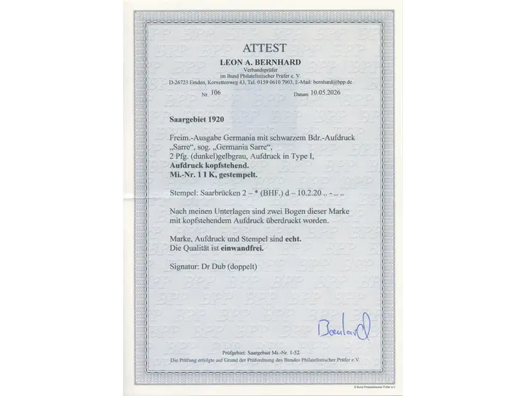1920, Germania 2 Pfg., Aufdrucktype I, Aufdruck kopfstehend, gestempelt, tadellos, sign. Dub sowie Fotoattest Bernhard BPP (2