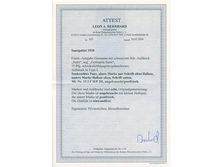1920, Germania 75 Pfg., Aufdrucktype I, die obere Marke nur mit Aufdruck "Sarre", die untere mit Aufdruck "Balken oben, Sarre